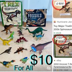 $10 For All Bundle Dinosaurs 🦕 🦖Figures & Books uncover TRex hardcover book and fossil book