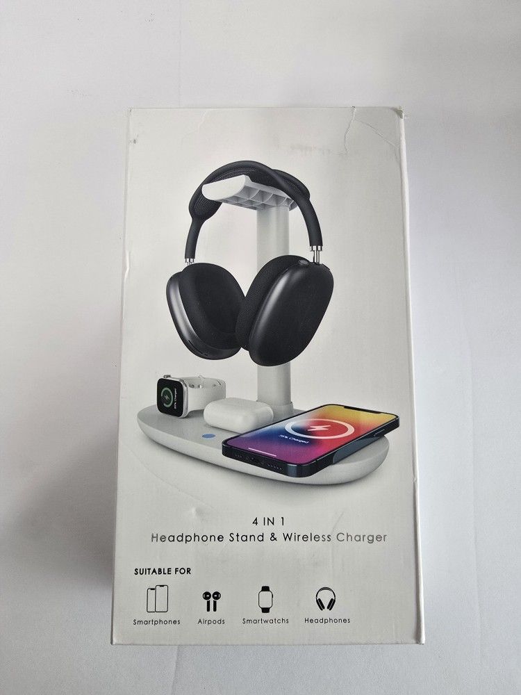 Boxed 4-in-1 Headphone Stand with Wireless Charger for Phone, Watch & Earbuds