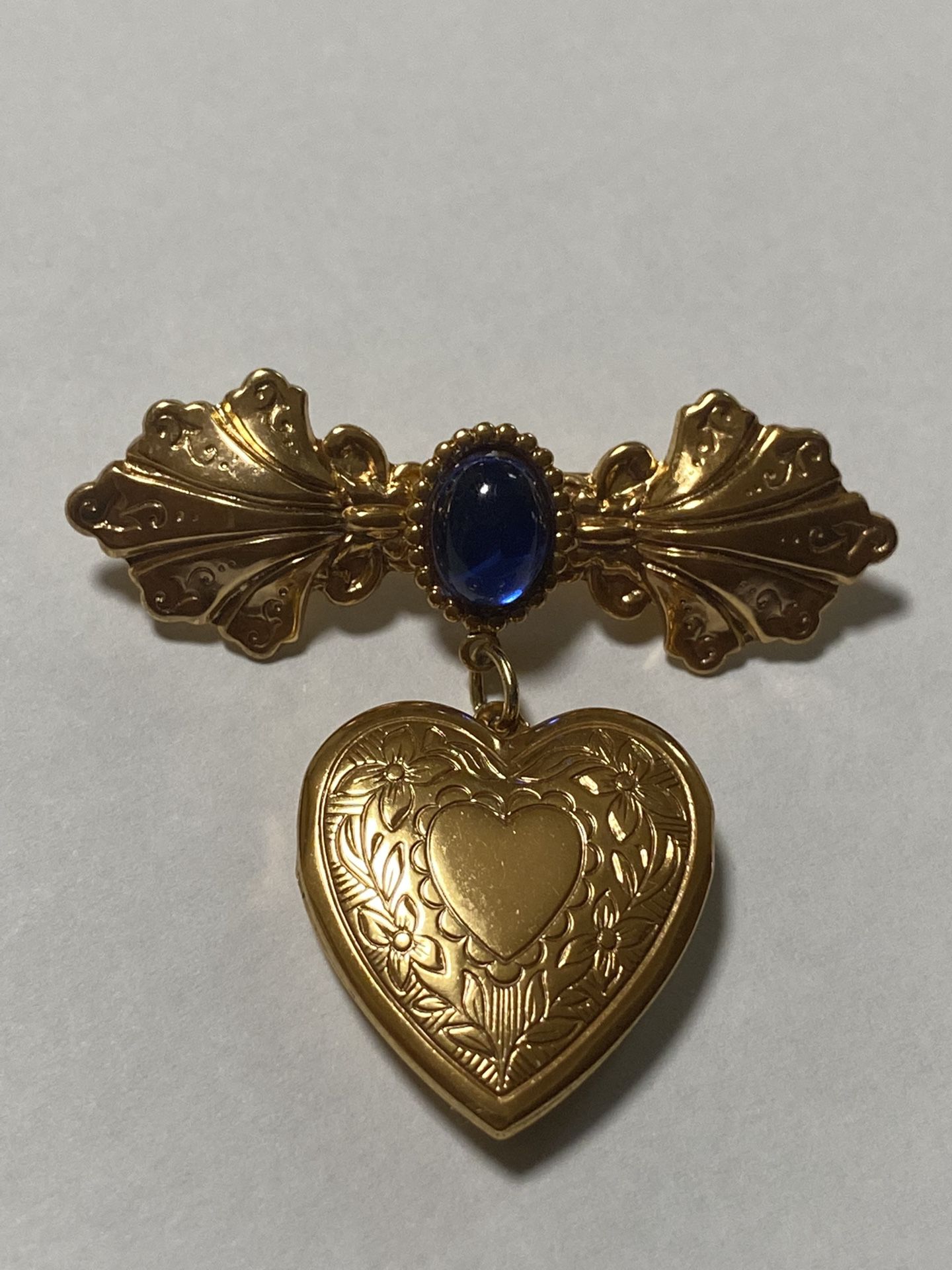 Vintage Locket Dangle Heart Blue Teardrop Rhinestone Brooch Pin