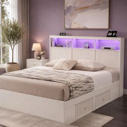 Queen Size Bed Frame with Headboard Lights and bookcase storage, White L-16