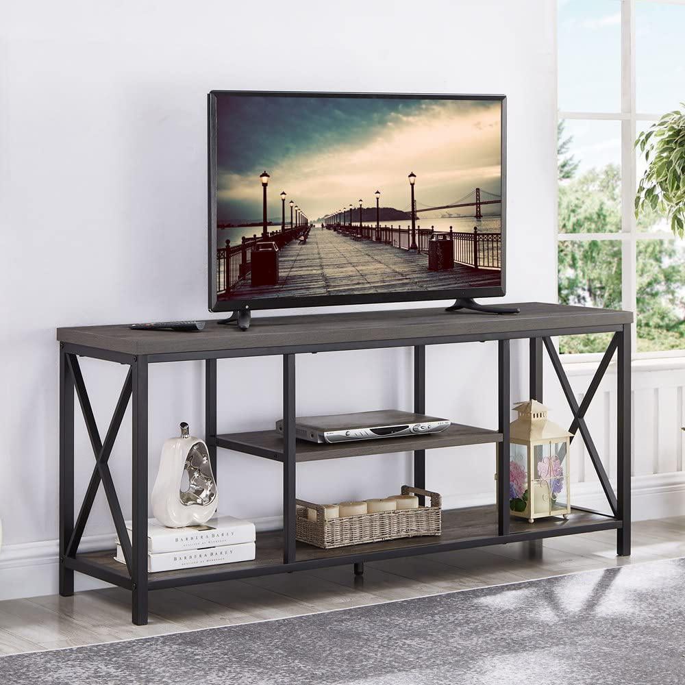 EXCEFUR 55 Inch TV Stand For TV Up To 65 Inch, Rustic Wood And Metal Media TV Console Table For Living Room, Grey 
