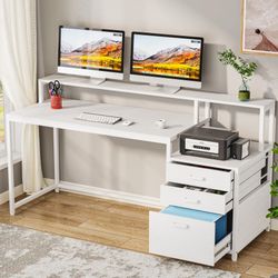 Tribesigns 63 Inch Computer Desk with File Drawer Cabinet, Ergonomic Office Desk with Monitor Stand, Computer Table with Printer Space, Wood PC Table 