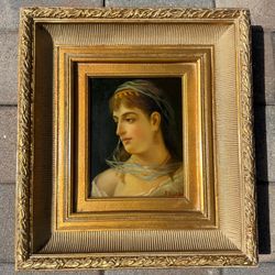 Vintage Framed Oil Portrait Painting of Woman in Profile