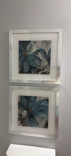 2 FRAMED TEAL BLUE FLORAL PRINTS