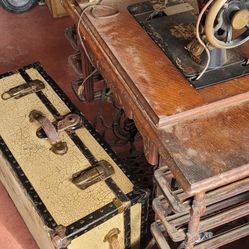 Antique Suitcase, Singer Sewing Machine And Vinyl Player