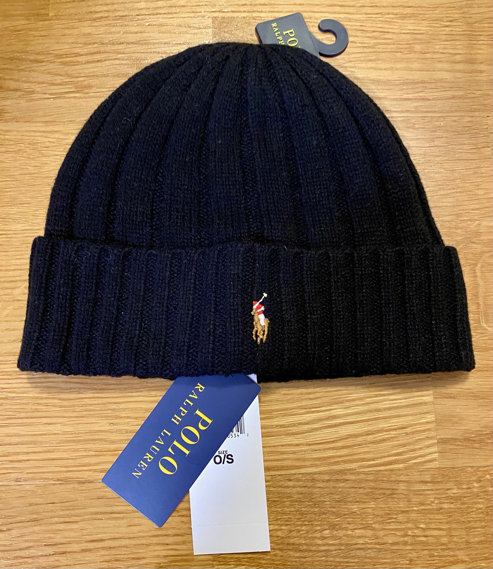 New POLO RALPH LAUREN Mens Beanie Hat,Wool Ribbed Cuff Pony Logo,Black