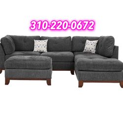 3pc Reversible Sectional Sofa Set W/ Ottoman-Ash Gray