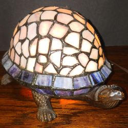 Vintage Stained Glass Tiffany Style Brass Turtle Accent Lamp Night Light