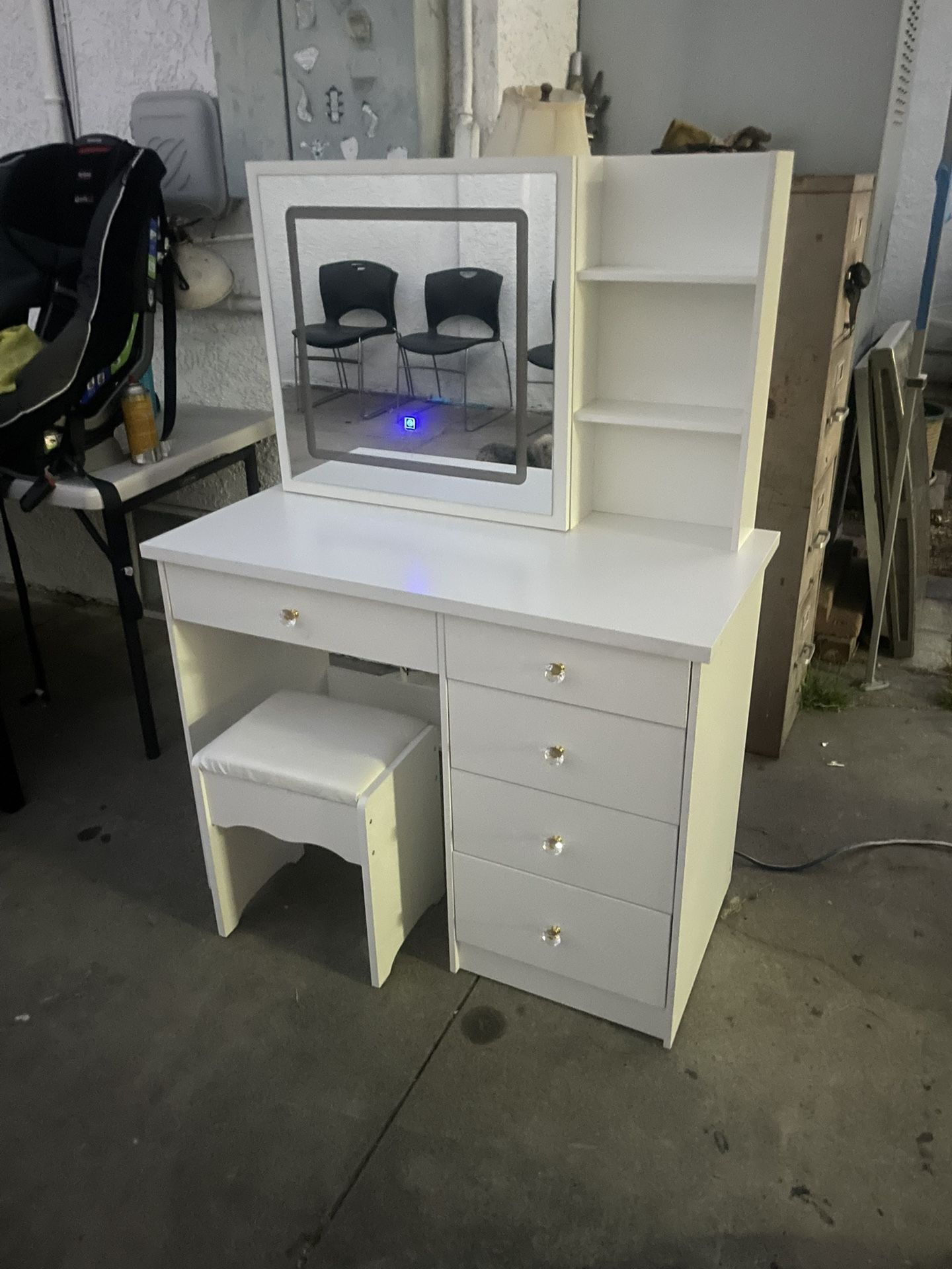 White Vanity, Dresser Desk With Lights And Chair !
