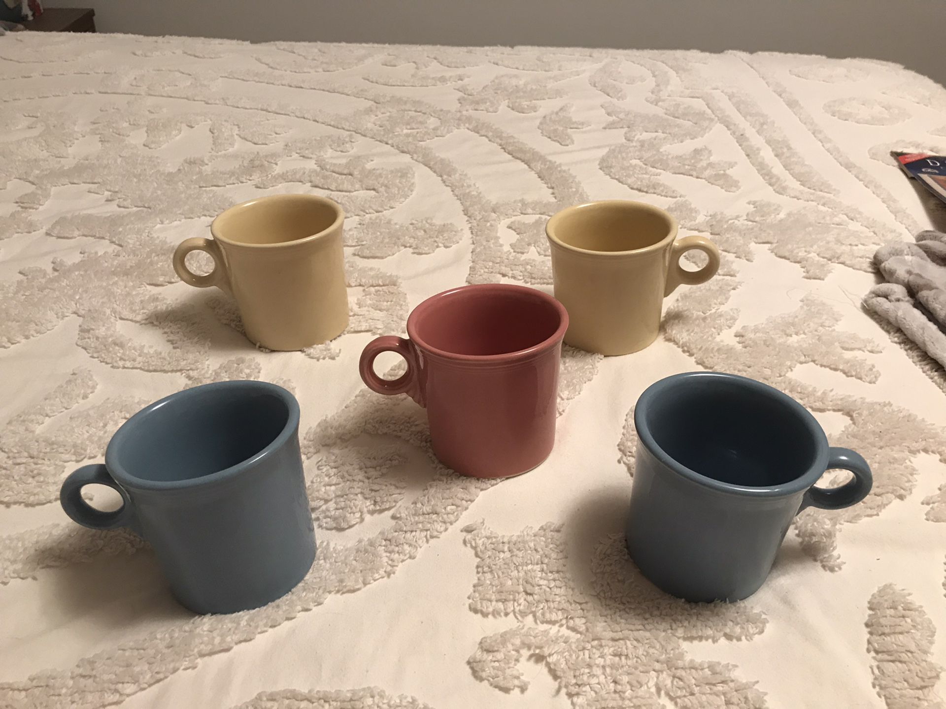 5 Fiestaware Coffee Mug Circle Handle Cups 10 Oz. Condition is Used. No cracks or chips.