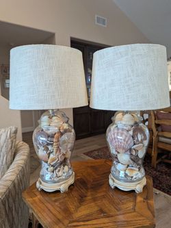 Vintage Table Lamps - Seashell Filled Glass Ginger Jars