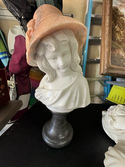 Large Vintage Marble Stone Woman Bust Sculpture Pink Hat