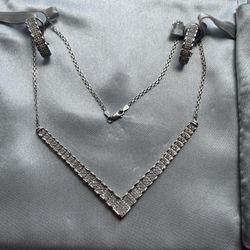 Sterling Silver Diamond Necklace And Earrings 