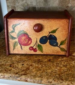 Wooden Bread Box with Hand-Painted Fruit