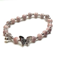 Quartz pink beaded bracelet silver butterfly charm bell ceramic