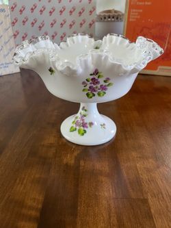Violets in the Snow - Milk Glass Fenton Pedestal Bowl Ruffled