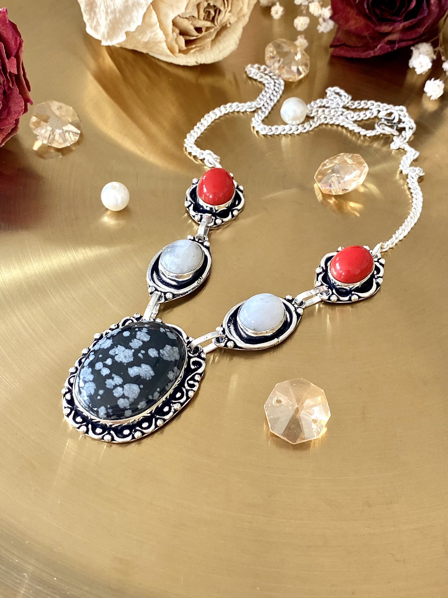 SnowFlake Obsidian, Rainbow Moonstone And Red Coral 925 Sterling Silver Overlay Necklace