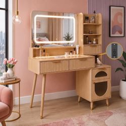 48" Fluted Vanity Desk with LED Mirror & USB Charging – Smoked Glass Top