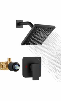 Shower Faucet Set with Valve Kit, 6 Inch Bathroom Rainfall Shower Head and Handle Set System Trim Kit, Male Thread Valve, Matte Black