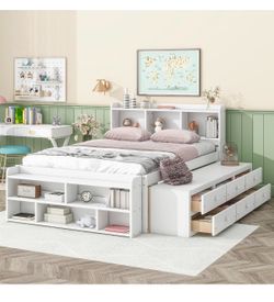Full size white bed with storage