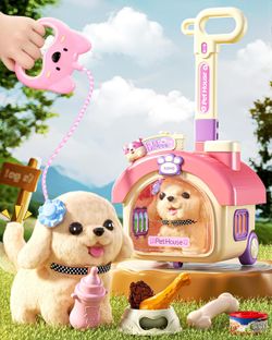 23Pcs Dog Toys for Kids Girls, Walking Barking Interactive Realistic Stuffed Dog with Portable Puppy Stroller & Accessories Toys, Pretend Puppy Pet Ca