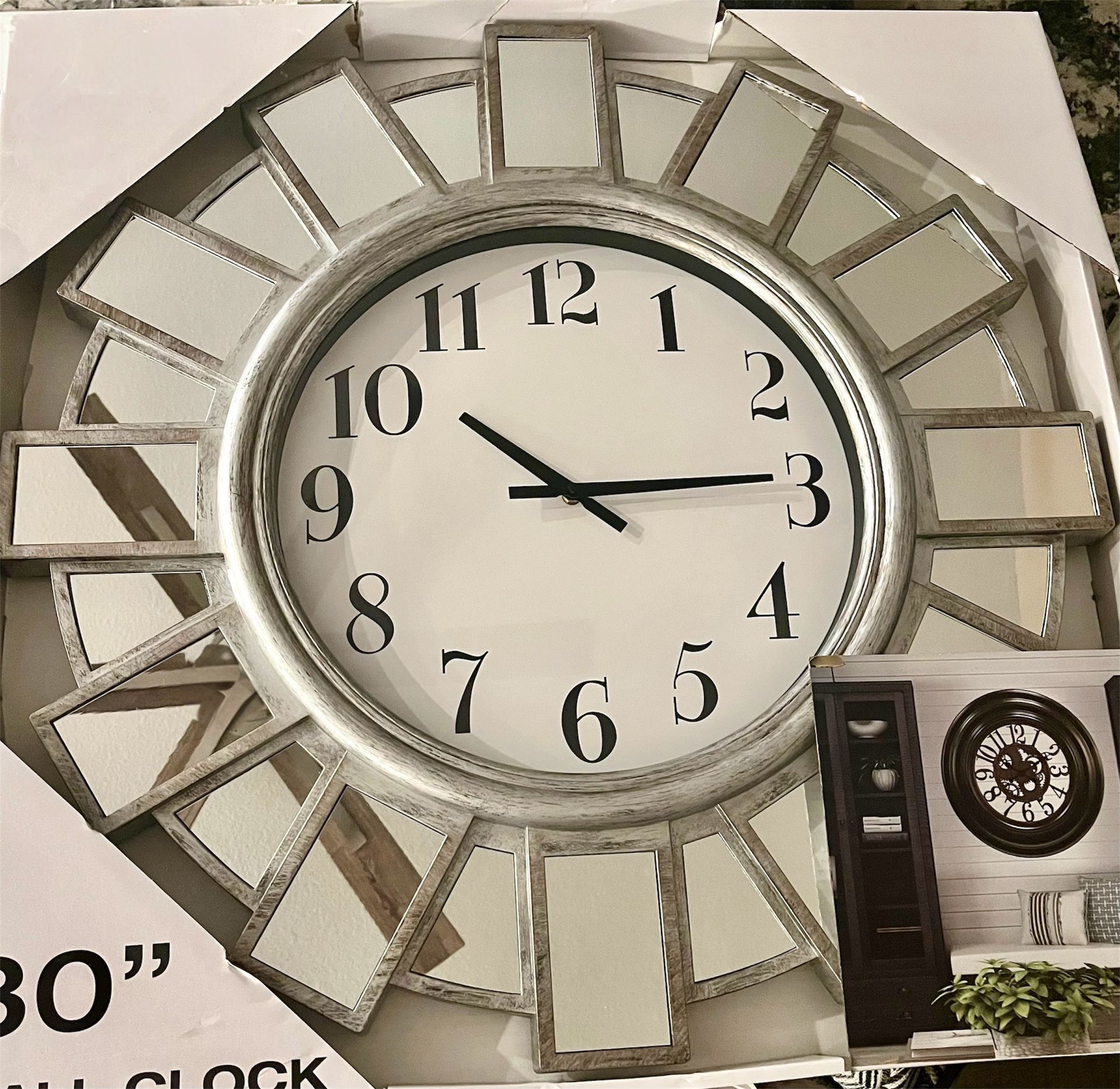 Brushed Silver Mirrored Wall Clock 30 inch - brand New