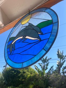 18 inch diameter Round Dolphin Stained Glass Suncatcher