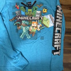 long-sleeve Minecraft t-shirt featuring various characters and a blocky logo