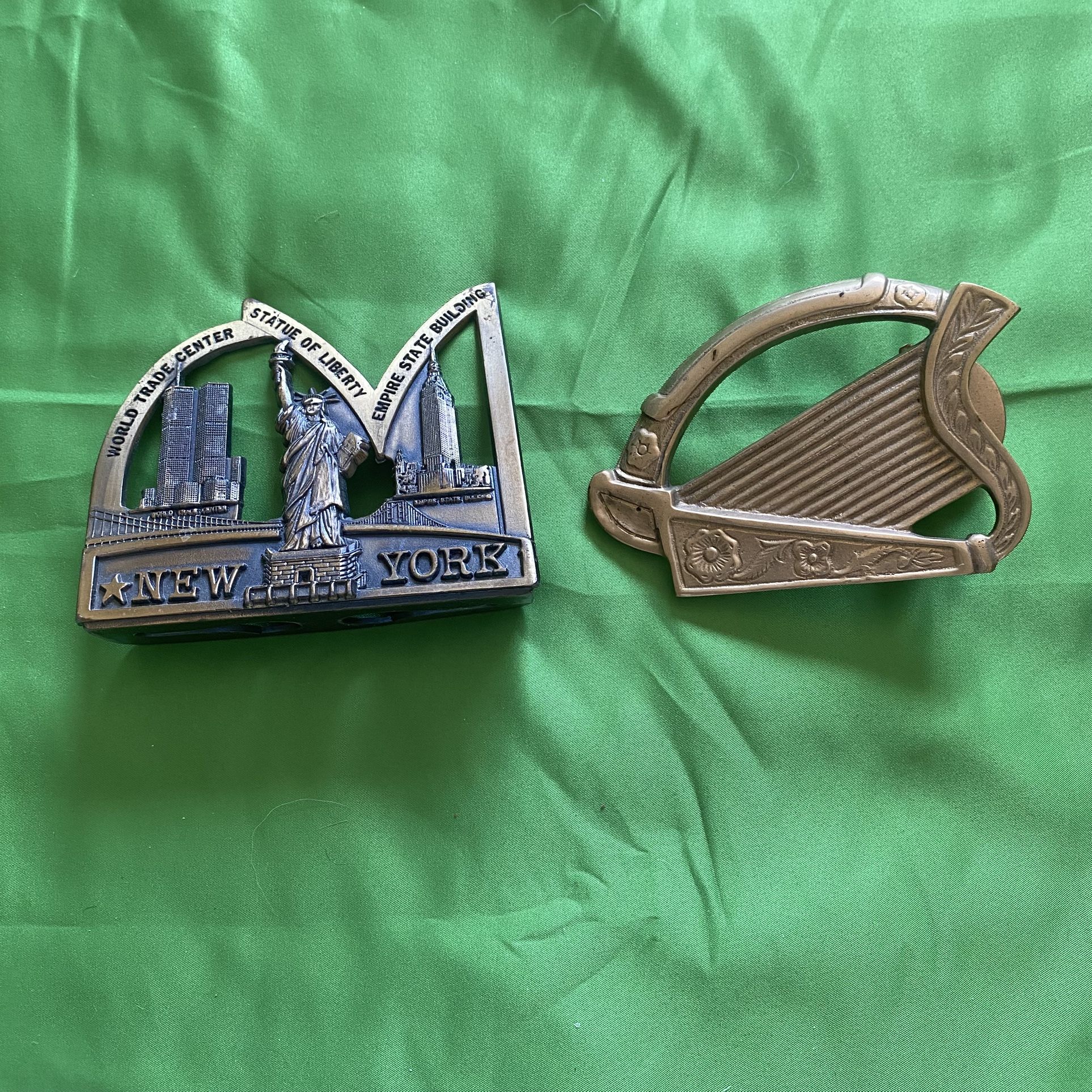Antiques Brass Paperweights x2 NYC Statue Of Liberty & Harp Collector Items