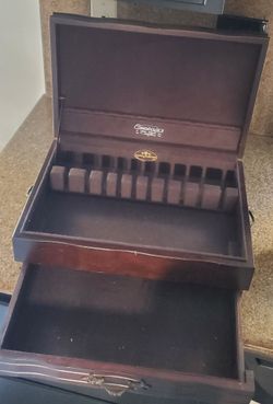 Antique Flatware Storage Box Lot Reed Barton Mahogany Chest Sheffield Co Blue