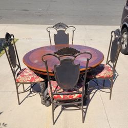 Round Cherry Wood Dining Table With Metal Base + 4 Chairs 