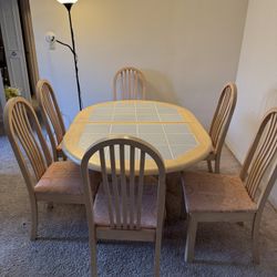 7-Piece Extendable Tile-Top Dining Set - Light Oak Oval Table + 6 Upholstered Chairs 