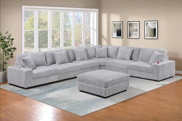 Brand New Super Plush Grey Corduroy Modular Sectional Sofa w Ottoman
