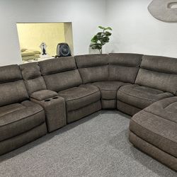 Furniture- 6 Pc High Performance Fabric Sectional With 2 Power Recliners- Hutchenson