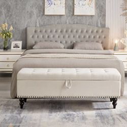 59 in. Beige Tufted End of Bed Bench Ottoman with Storage, 500 lbs. Capacity-Space-Saving Design