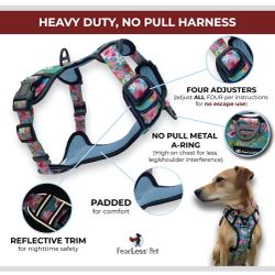 FearLess Pet Heavy Duty Padded Adjustable No Pull No Escape Dog Harness, Teal Hawaiian, Large. New 
