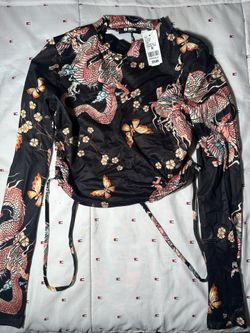 GC Mini Crop Top RARE Long Sleeve Cut-Out Drawstring Tie Back Highneck Size M