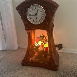 Carved Wood  Stand Clock With Stained Glass Toucan 