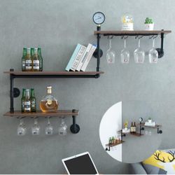 Wine Rack Wall Mounted Corner 3 Tier, Hanging Floating Small Mini Bar Liquor Shelves with Glass Holder Storage