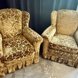 Antique Vintage Gold Velvet Armchairs Mid-Century Modern Set of 2