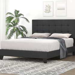 Dark Gray Upholstered Platform Bed Frame Adjustable Headboard Modern