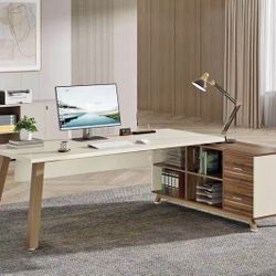 JW0868AB 71-Inch Executive Desk, L-Shaped Desk with 55-Inch Cabinet, Large Office Desk with Storage