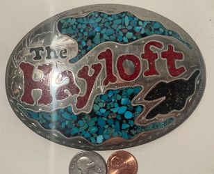 Vintage Metal Belt Buckle, Nickel Silver and Blue Turquoise Stones, The Hayloft, Big Size, 5" x 3 1/2", Cowboy Style, Heavy Duty, Quality, Thick Metal
