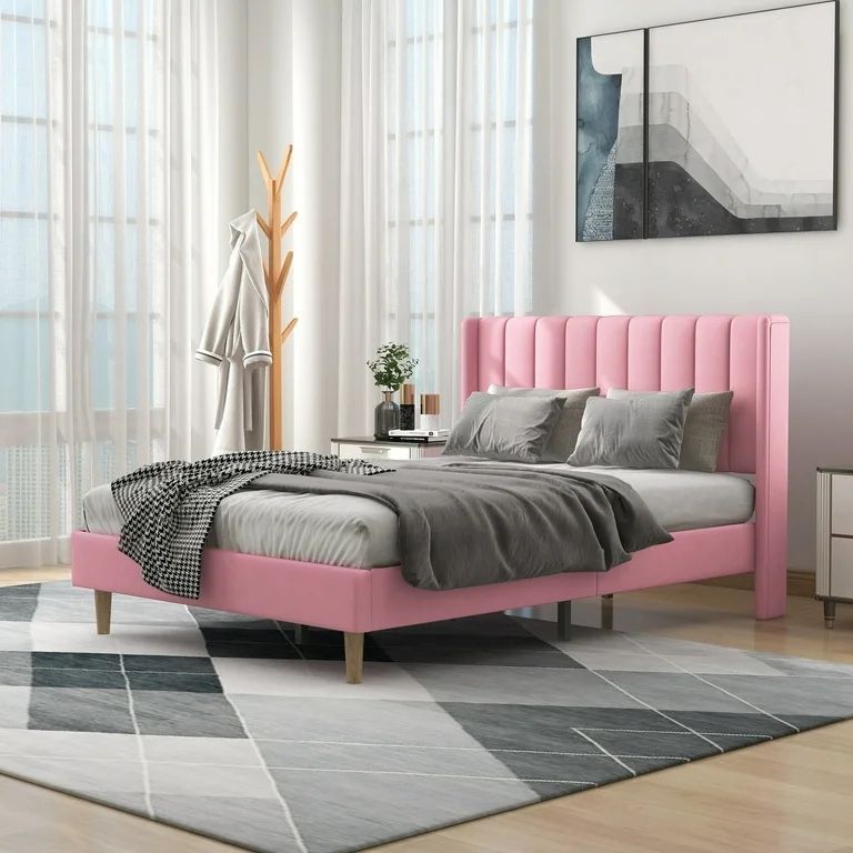 Full Size Pink Bed Frame – Upholstered, Easy Assembly, Strong Support,All Products : American Fashion Style Bags On Sale