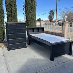 Black Twin Solid Wood Bed W/ Mattress & Chest! 