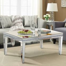 Silver Mirrored Coffee Table, Rectangle Living Room Tables with Crystal Inlay, Gorgeous Modern Mirror Coffee Table Mirrored Furniture for Living Room,