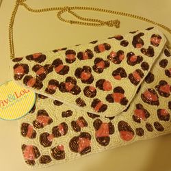 Viv & Lou 10x7 Pink Leopard Beaded Clutch With Crossbody Chain Snap Closure New With Tag