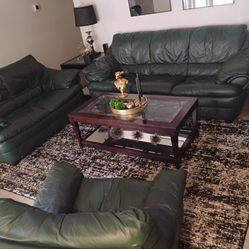 Green Three Piece Leather Sofa Set