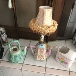 1 Ceramic Tea Lamp Hand Painted, And 2 Tea Pots Collection . Very Cute For Plants All Three For $35.00