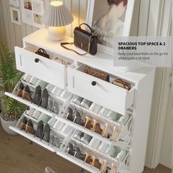 24 Pair Shoe Storage Cabinet With 2 Drawers. Shoe rack White color
